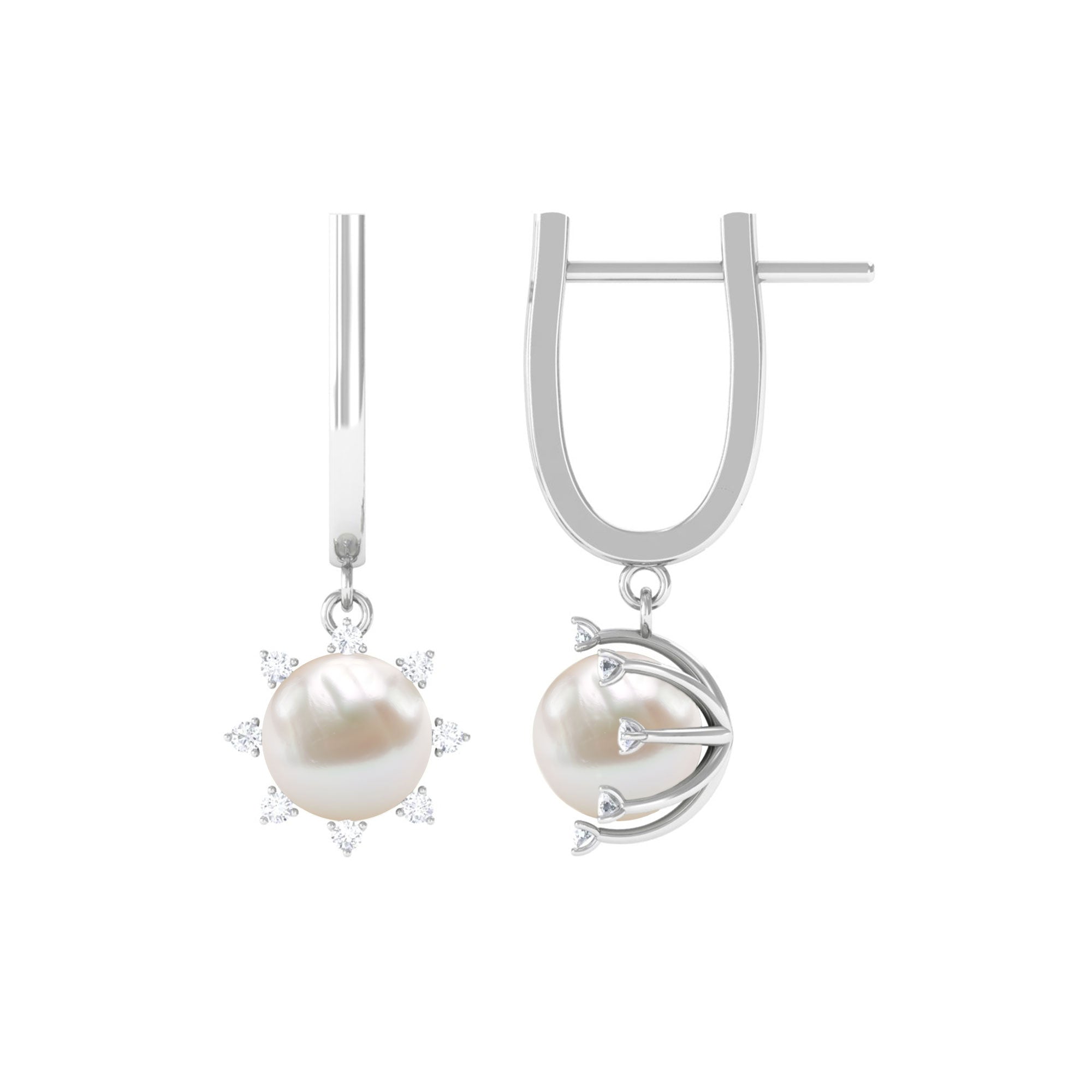 Classic Freshwater Pearl and Diamond Drop Earrings with Lever Back Freshwater Pearl - ( AAA ) - Quality - Rosec Jewels