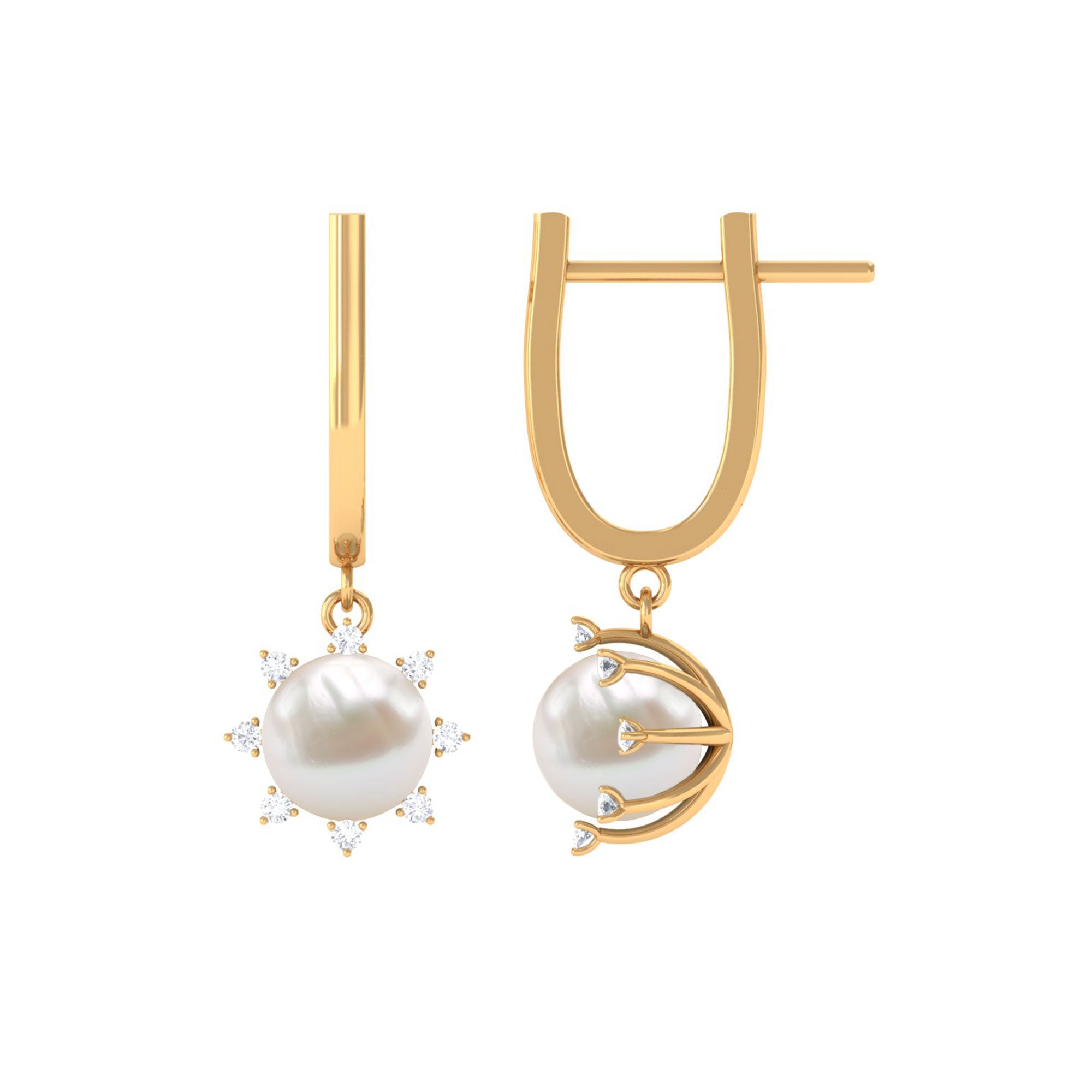 Classic Freshwater Pearl and Diamond Drop Earrings with Lever Back Freshwater Pearl - ( AAA ) - Quality - Rosec Jewels