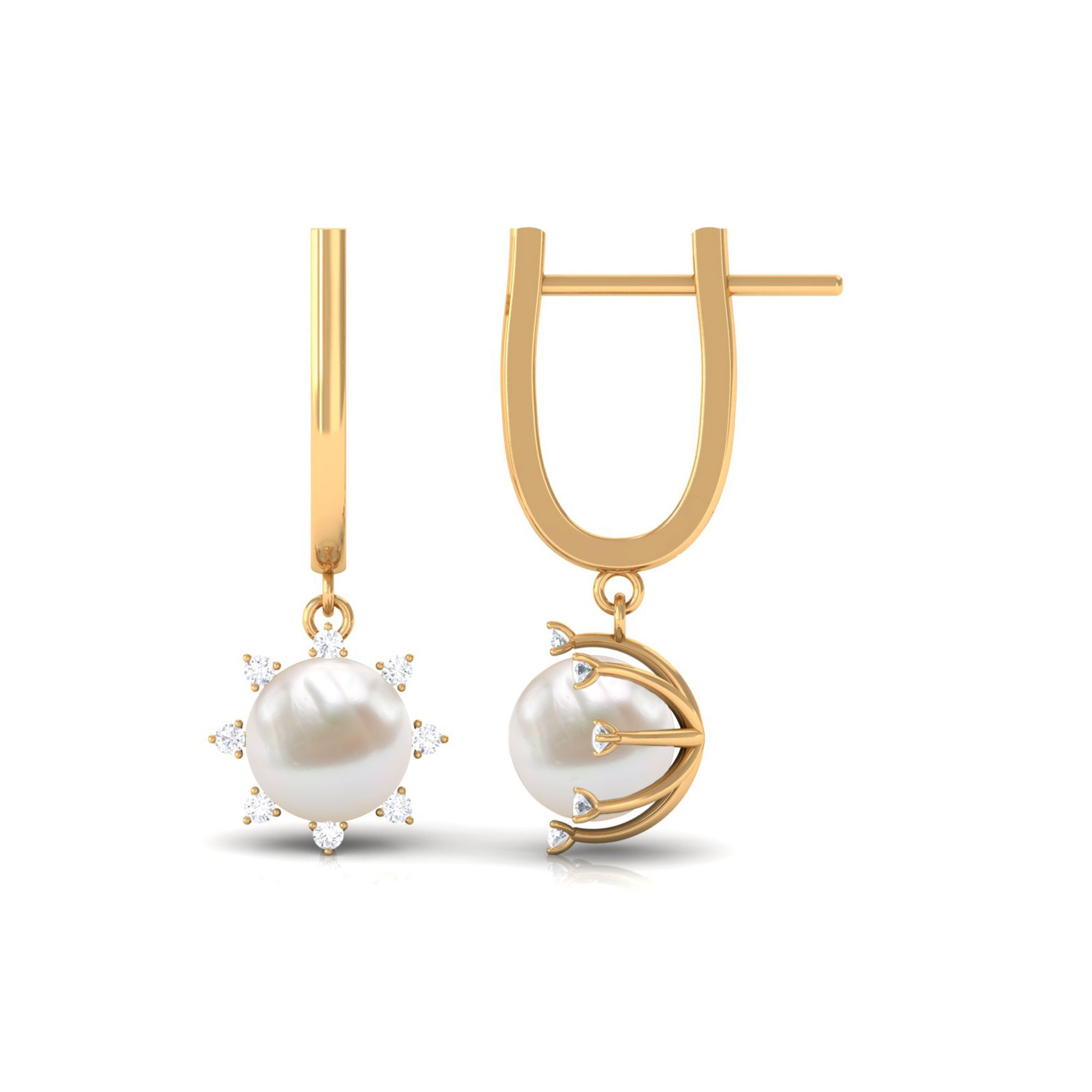 Classic Freshwater Pearl and Diamond Drop Earrings with Lever Back Freshwater Pearl - ( AAA ) - Quality - Rosec Jewels