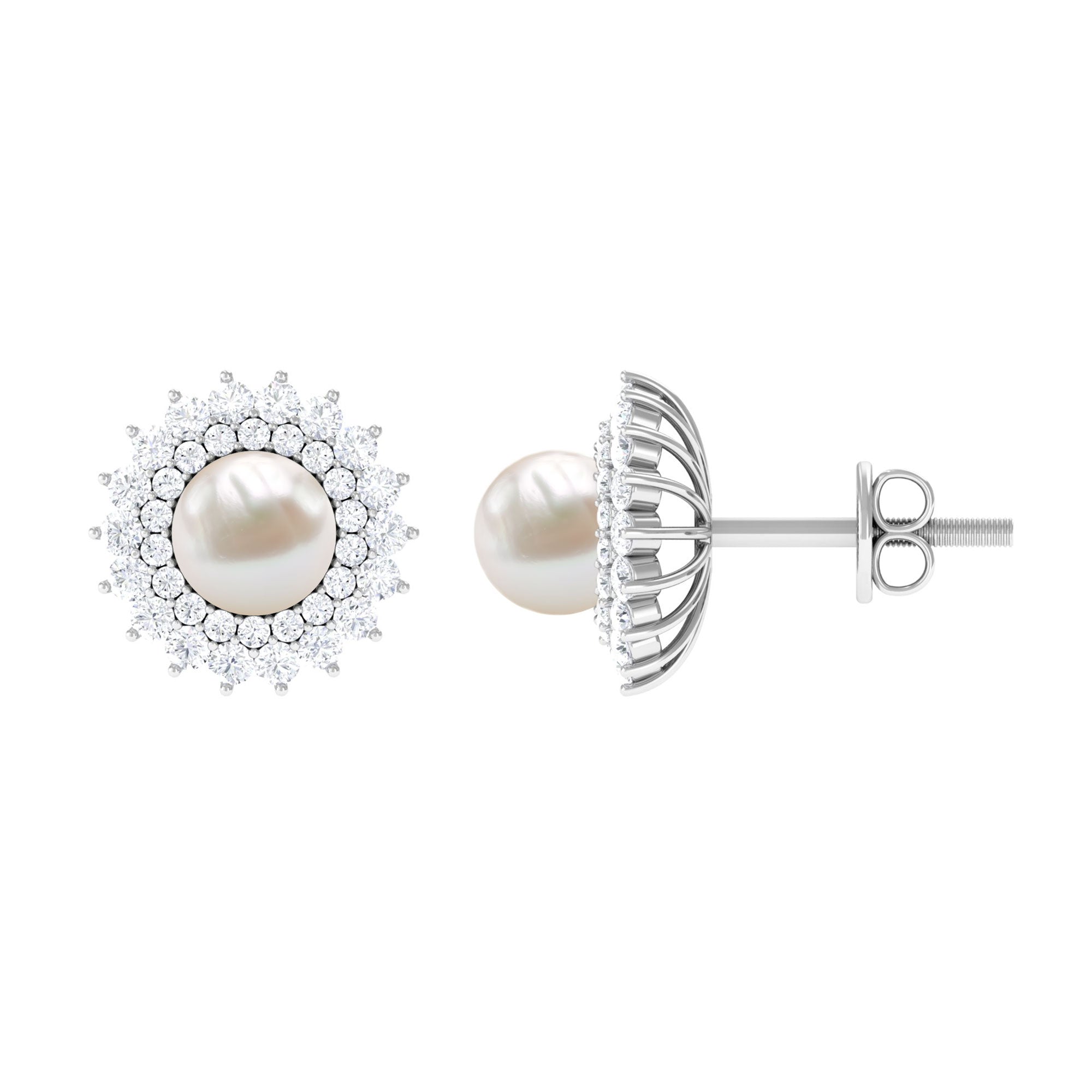 Freshwater Pearl Statement Stud Earrings with Diamond Double Halo Freshwater Pearl - ( AAA ) - Quality - Rosec Jewels