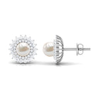 Freshwater Pearl Statement Stud Earrings with Diamond Double Halo Freshwater Pearl - ( AAA ) - Quality - Rosec Jewels