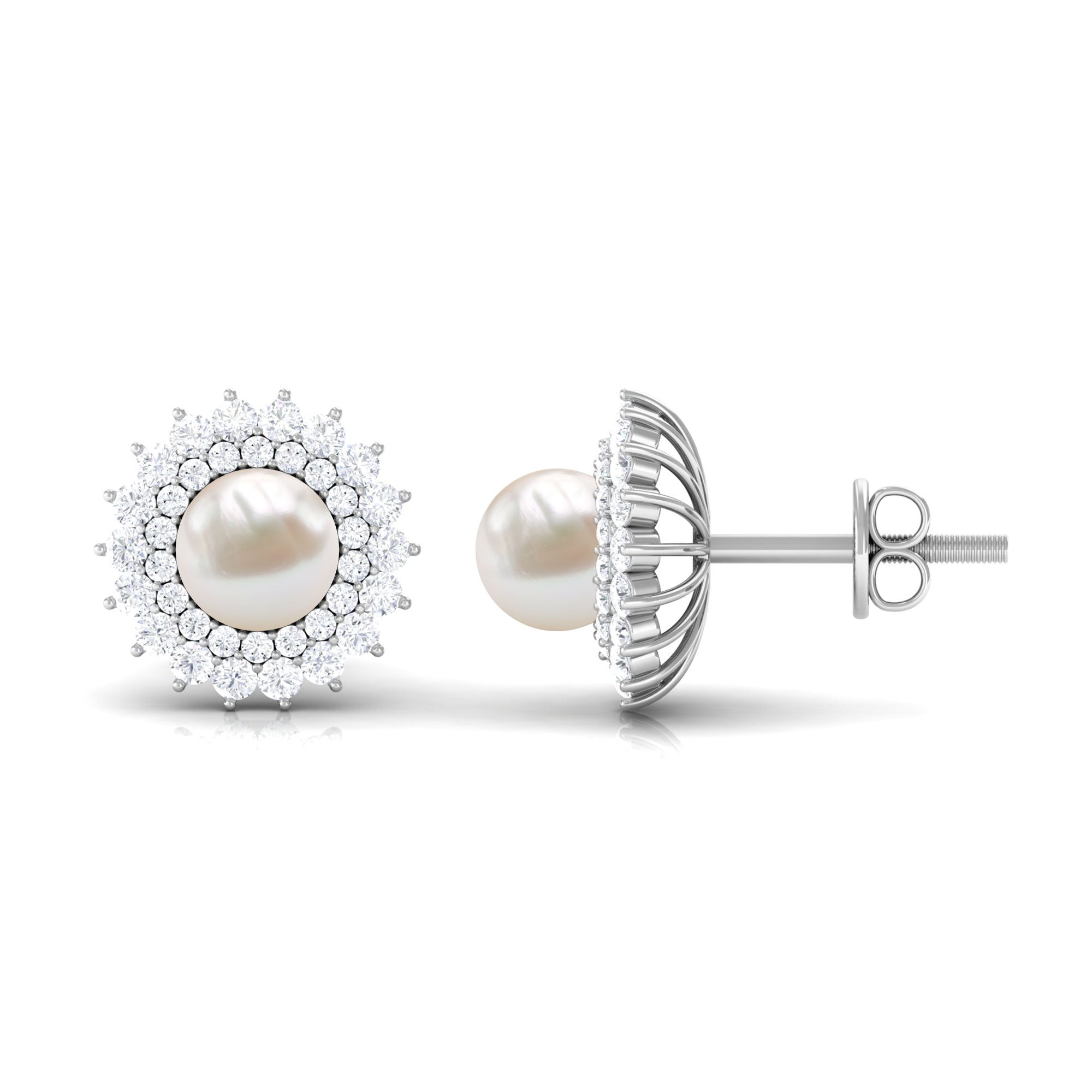 Freshwater Pearl Statement Stud Earrings with Diamond Double Halo Freshwater Pearl - ( AAA ) - Quality - Rosec Jewels