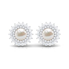 Freshwater Pearl Statement Stud Earrings with Diamond Double Halo Freshwater Pearl - ( AAA ) - Quality - Rosec Jewels