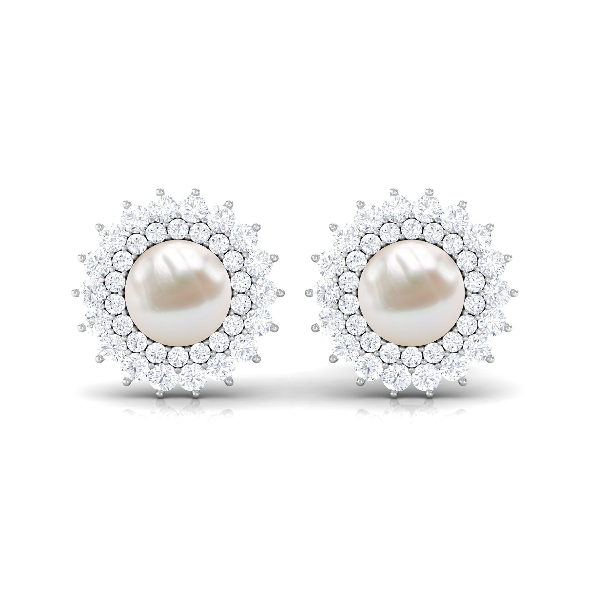 Freshwater Pearl Statement Stud Earrings with Diamond Double Halo Freshwater Pearl - ( AAA ) - Quality - Rosec Jewels