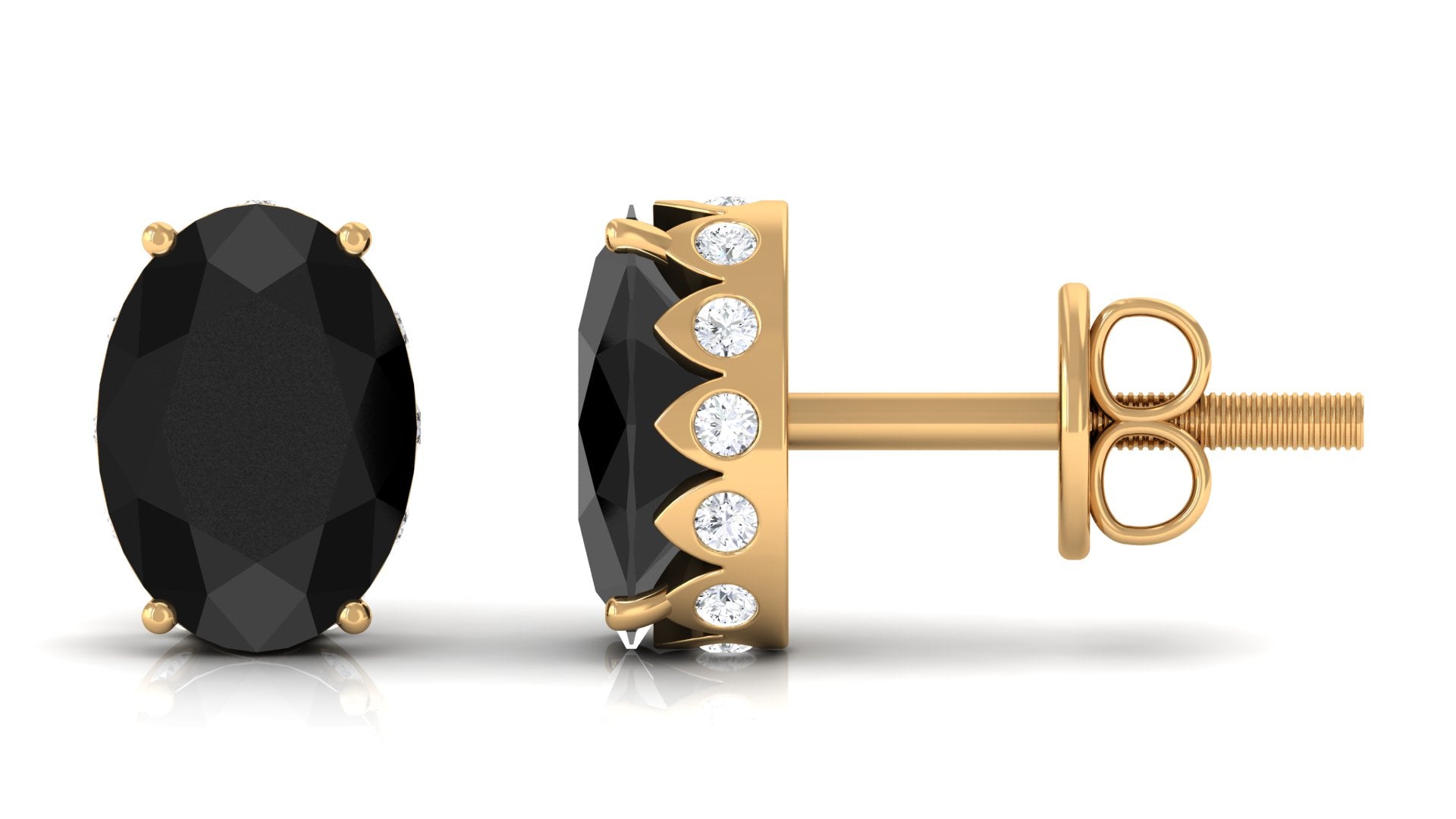 Oval Shape Black Onyx Stud Earrings with Diamond Black Onyx - ( AAA ) - Quality - Rosec Jewels