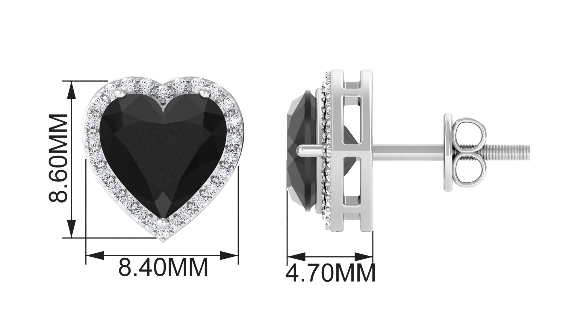 Heart Shaped Black Spinel Stud Earrings With Diamond Halo Black Spinel - ( AAA ) - Quality - Rosec Jewels