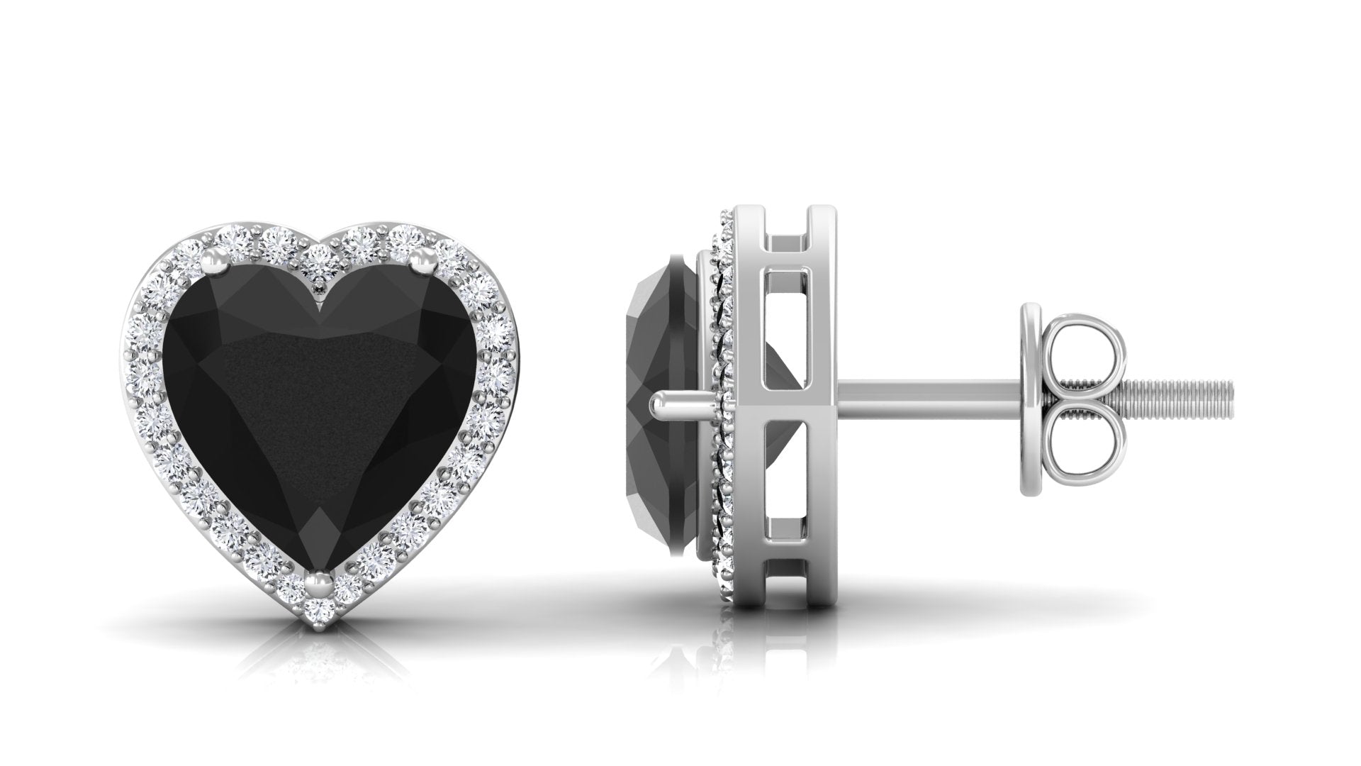 Heart Shaped Black Spinel Stud Earrings With Diamond Halo Black Spinel - ( AAA ) - Quality - Rosec Jewels