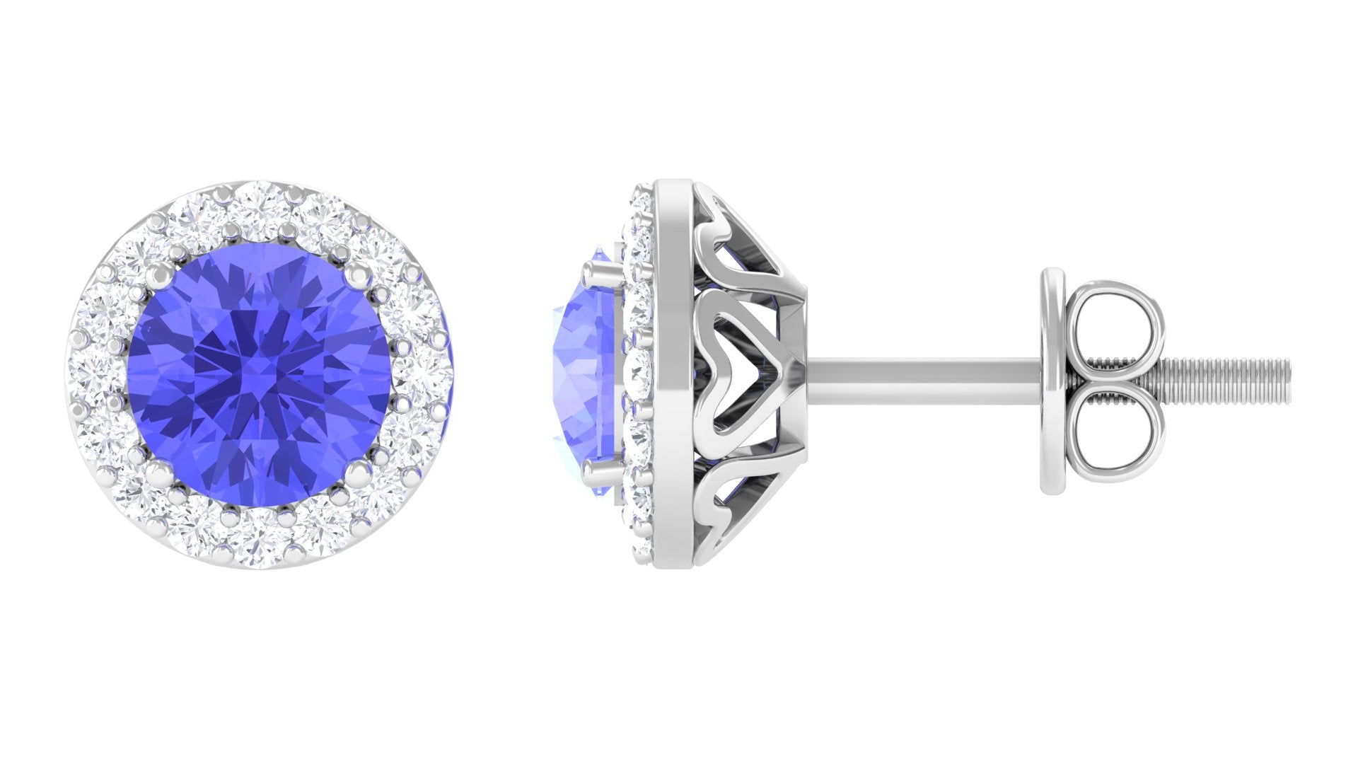 Real Tanzanite Halo Stud Earrings with Dimaond Tanzanite - ( AAA ) - Quality - Rosec Jewels