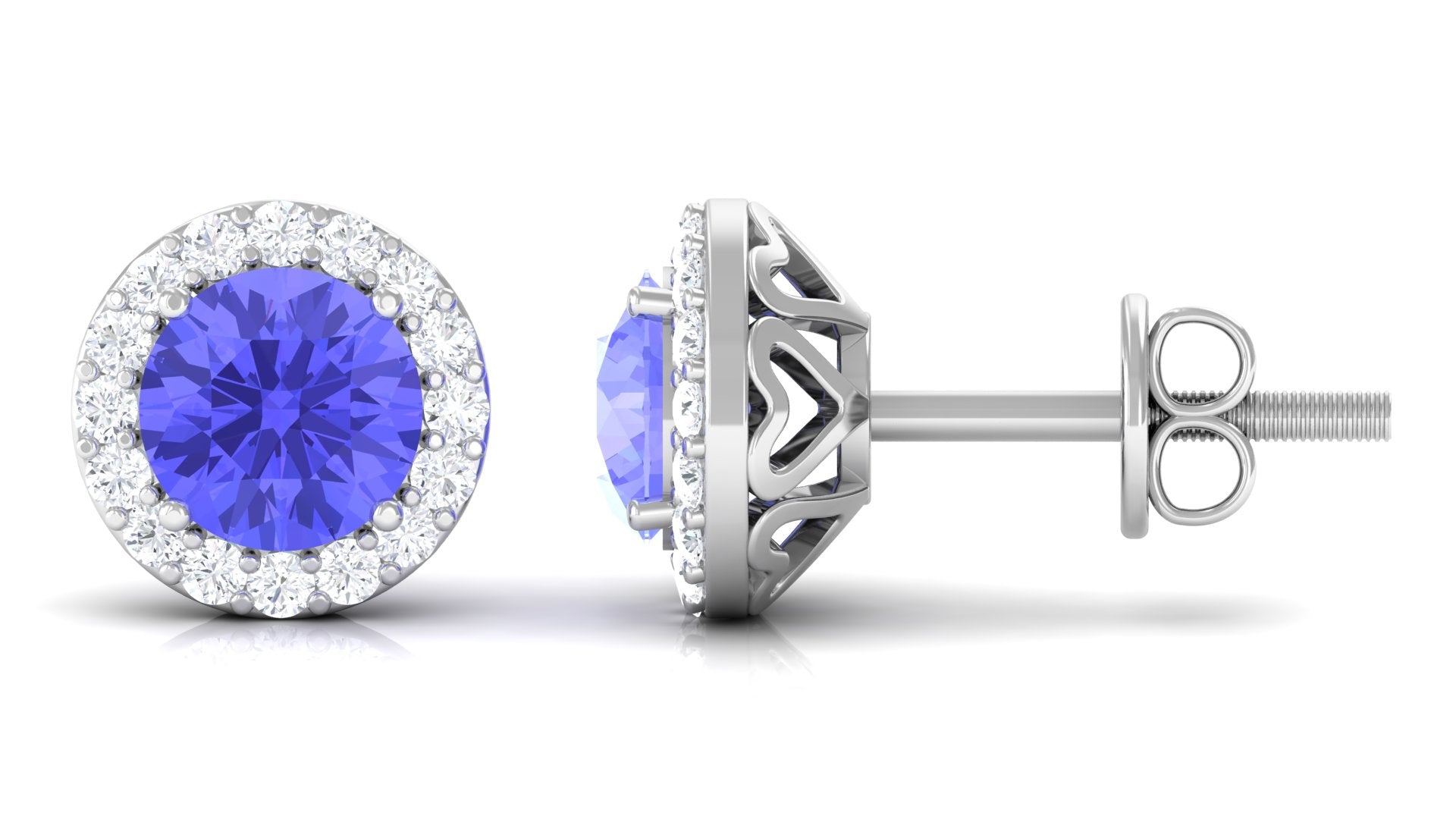 Real Tanzanite Halo Stud Earrings with Dimaond Tanzanite - ( AAA ) - Quality - Rosec Jewels