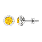 Classic Yellow Sapphire Stud Earrings with Diamond Halo Yellow Sapphire - ( AAA ) - Quality - Rosec Jewels