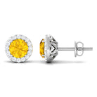 Classic Yellow Sapphire Stud Earrings with Diamond Halo Yellow Sapphire - ( AAA ) - Quality - Rosec Jewels