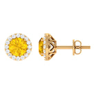 Classic Yellow Sapphire Stud Earrings with Diamond Halo Yellow Sapphire - ( AAA ) - Quality - Rosec Jewels