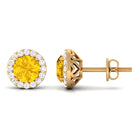 Classic Yellow Sapphire Stud Earrings with Diamond Halo Yellow Sapphire - ( AAA ) - Quality - Rosec Jewels