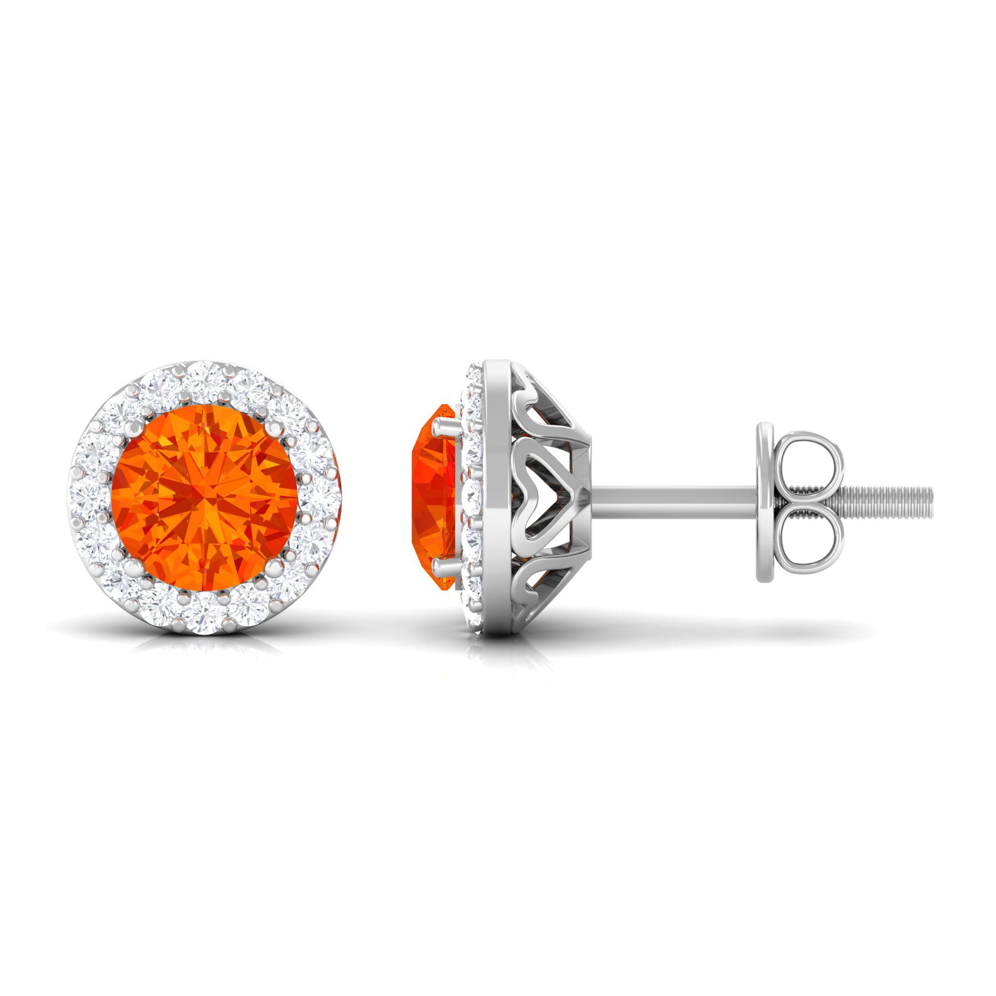 Classic Orange Sapphire Stud Earrings with Diamond Halo Orange Sapphire - ( AAA ) - Quality - Rosec Jewels