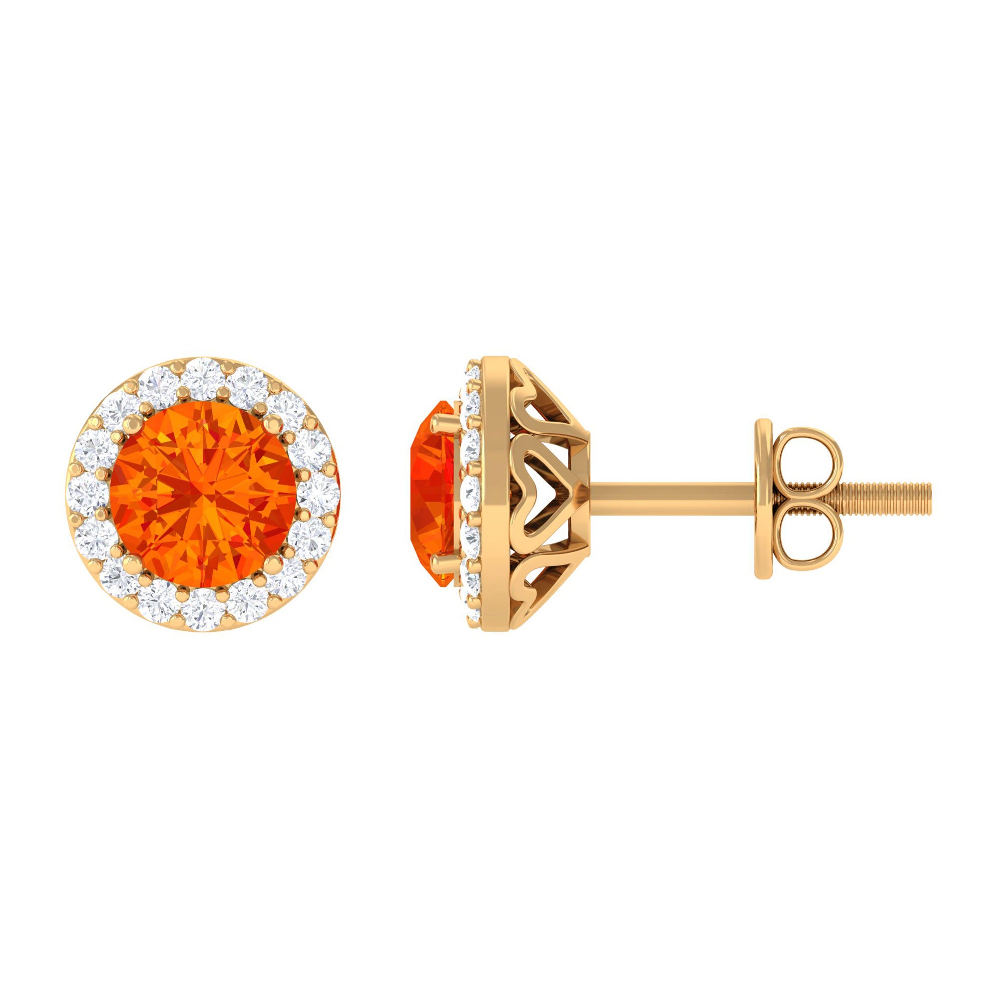 Classic Orange Sapphire Stud Earrings with Diamond Halo Orange Sapphire - ( AAA ) - Quality - Rosec Jewels