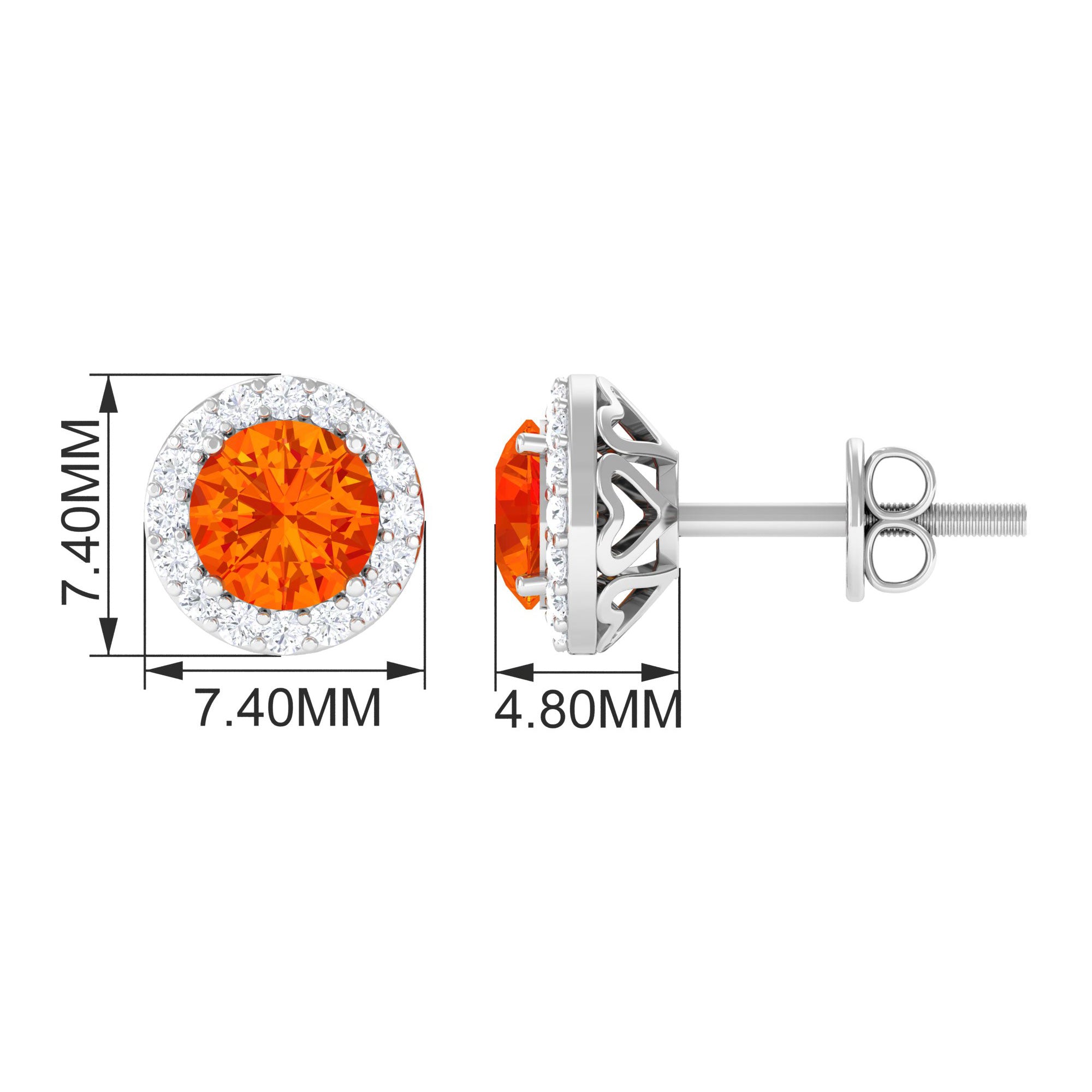 Classic Orange Sapphire Stud Earrings with Diamond Halo Orange Sapphire - ( AAA ) - Quality - Rosec Jewels