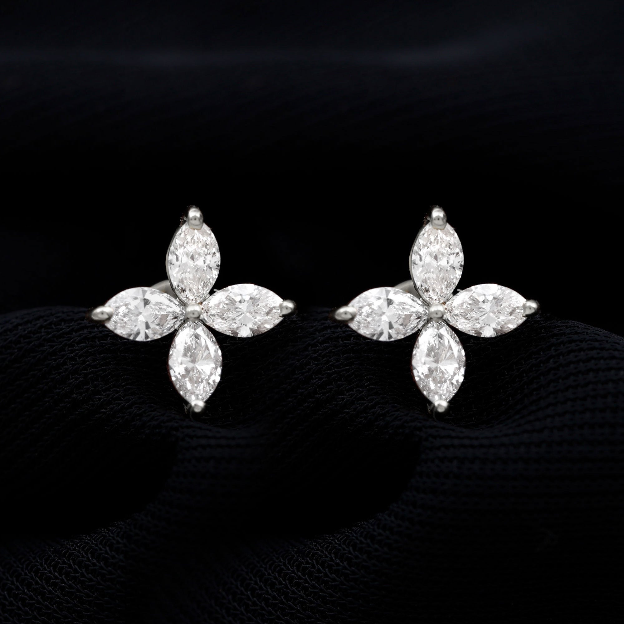 Marquise Shape Moissanite Flower Stud Earrings Moissanite - ( D-VS1 ) - Color and Clarity - Rosec Jewels