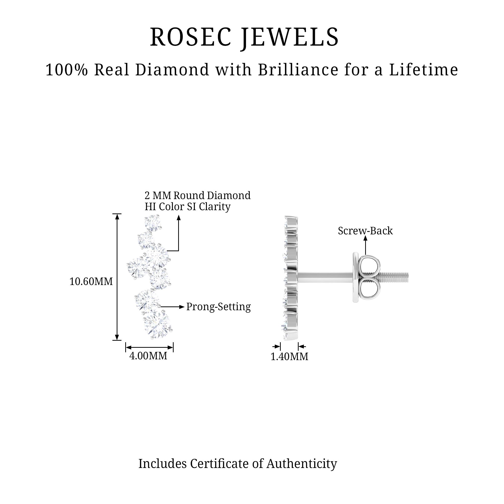 Natural Round Diamond Climber Earrings Diamond - ( HI-SI ) - Color and Clarity - Rosec Jewels