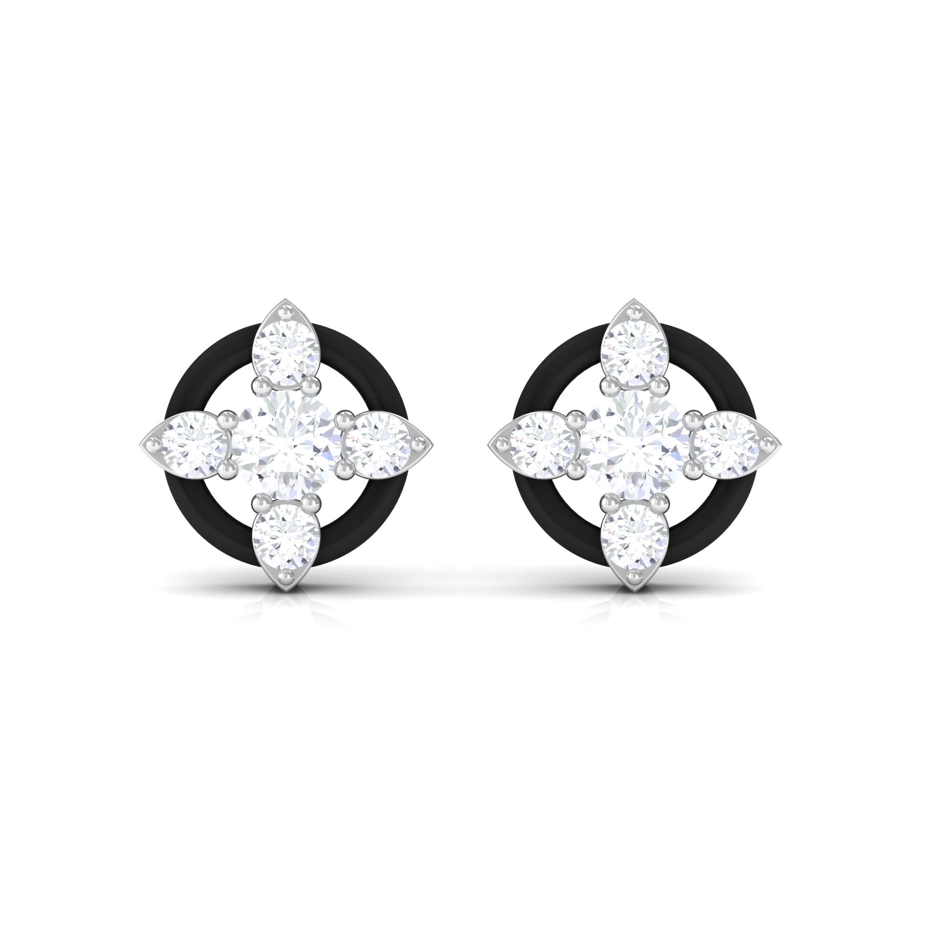 1/4 CT Round Cut Diamond Flower Stud Earrings with Black Enamel Diamond - ( HI-SI ) - Color and Clarity - Rosec Jewels