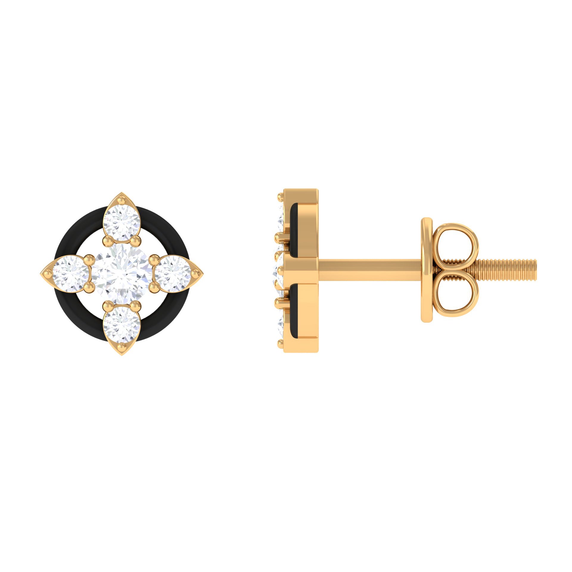 1/4 CT Round Cut Diamond Flower Stud Earrings with Black Enamel Diamond - ( HI-SI ) - Color and Clarity - Rosec Jewels