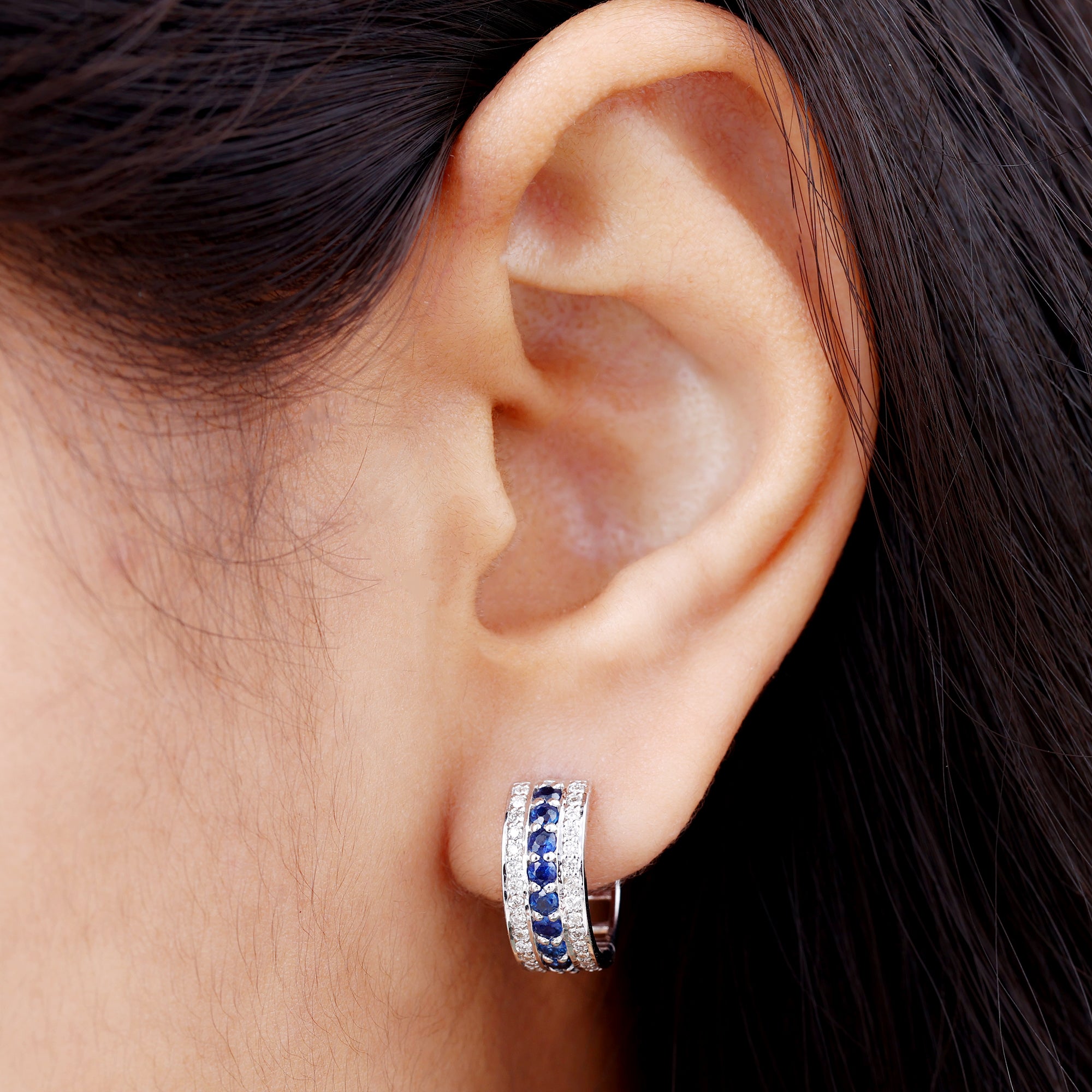 1.50 CT Created Blue Sapphire and Diamond Wide Hoop Drop Earrings