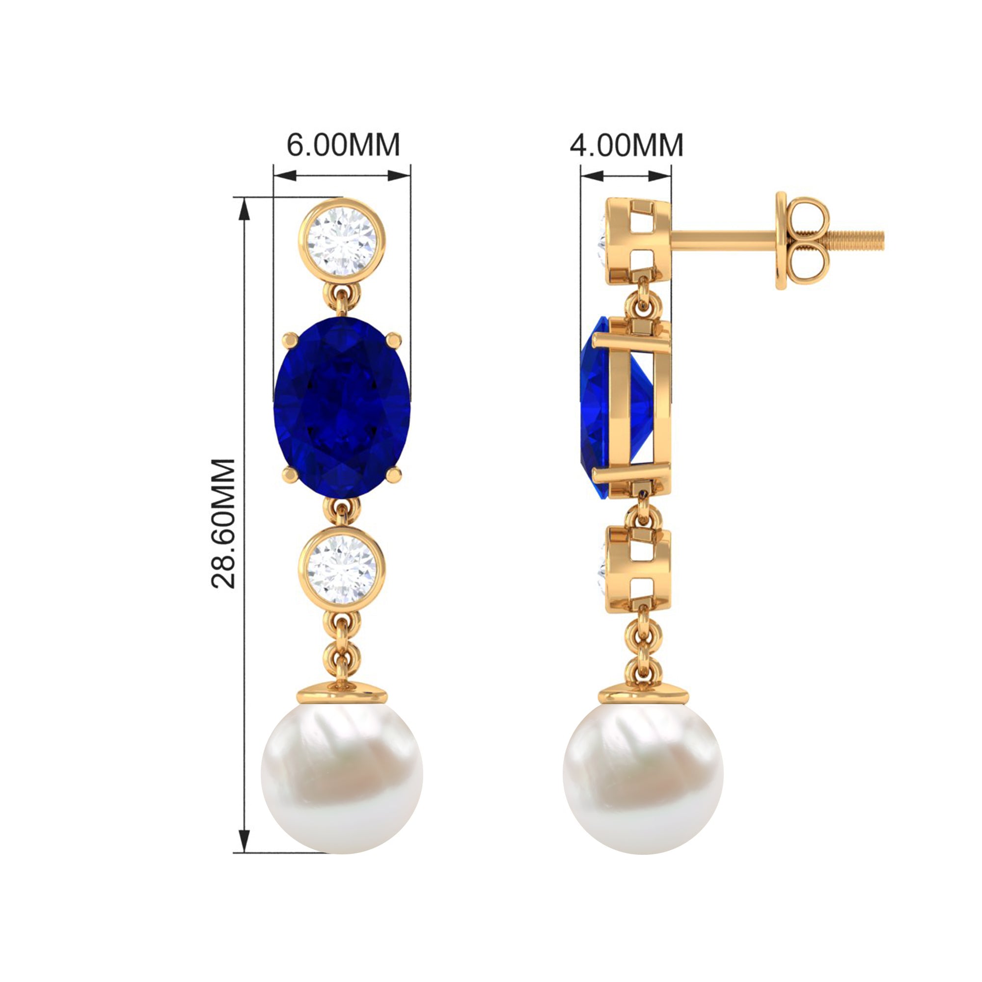 10 CT Created Blue Sapphire and Freshwater Pearl Dangle Earrings with Moissanite Freshwater Pearl - ( AAA ) - Quality - Rosec Jewels