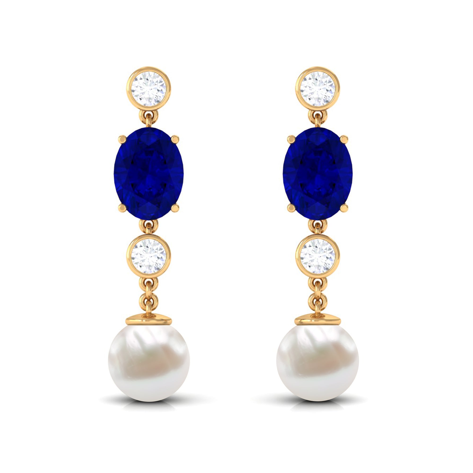 10 CT Created Blue Sapphire and Freshwater Pearl Dangle Earrings with Moissanite Freshwater Pearl - ( AAA ) - Quality - Rosec Jewels