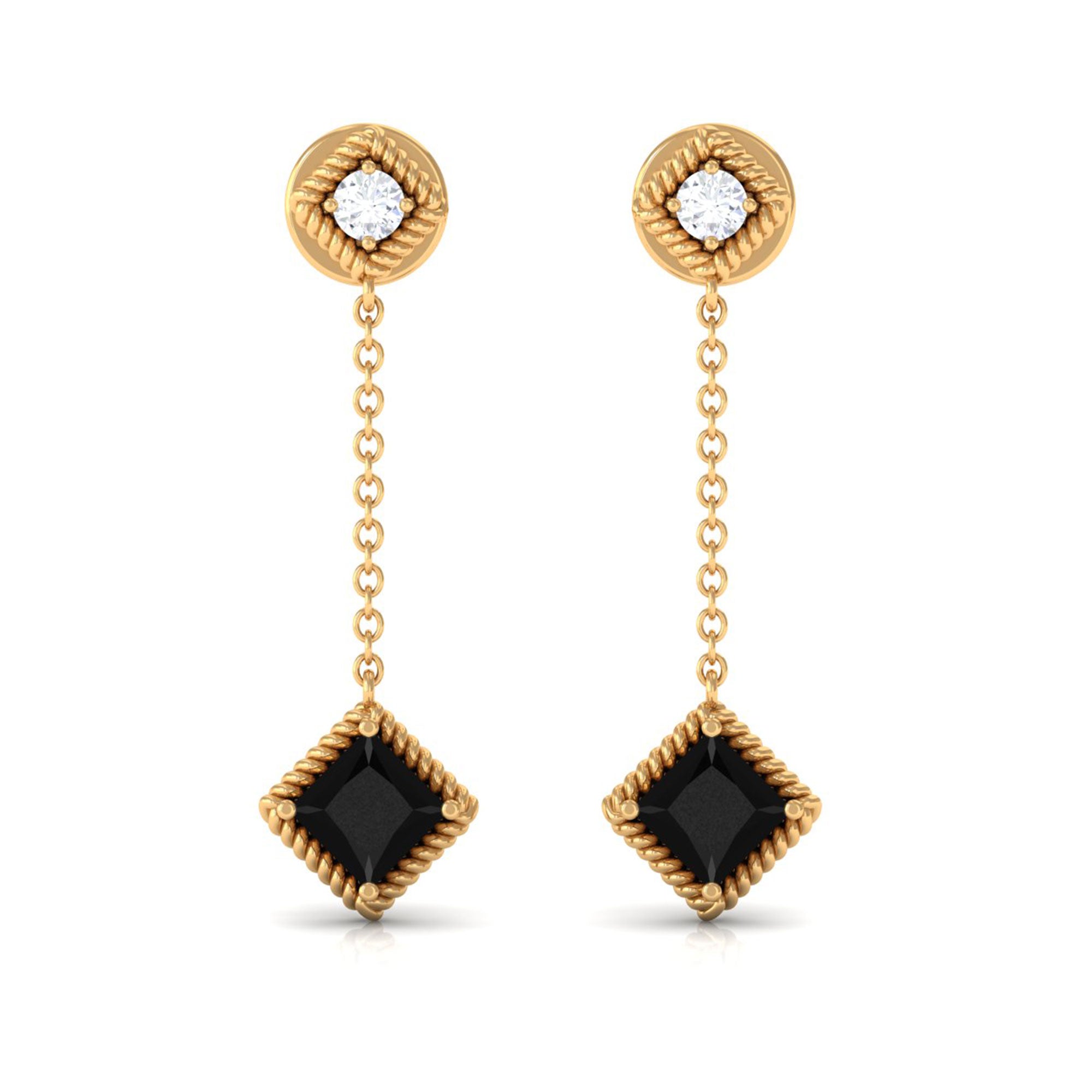 1.25 CT Princess Cut Black Onyx Chain Dangle Earrings with Diamond Black Onyx - ( AAA ) - Quality - Rosec Jewels