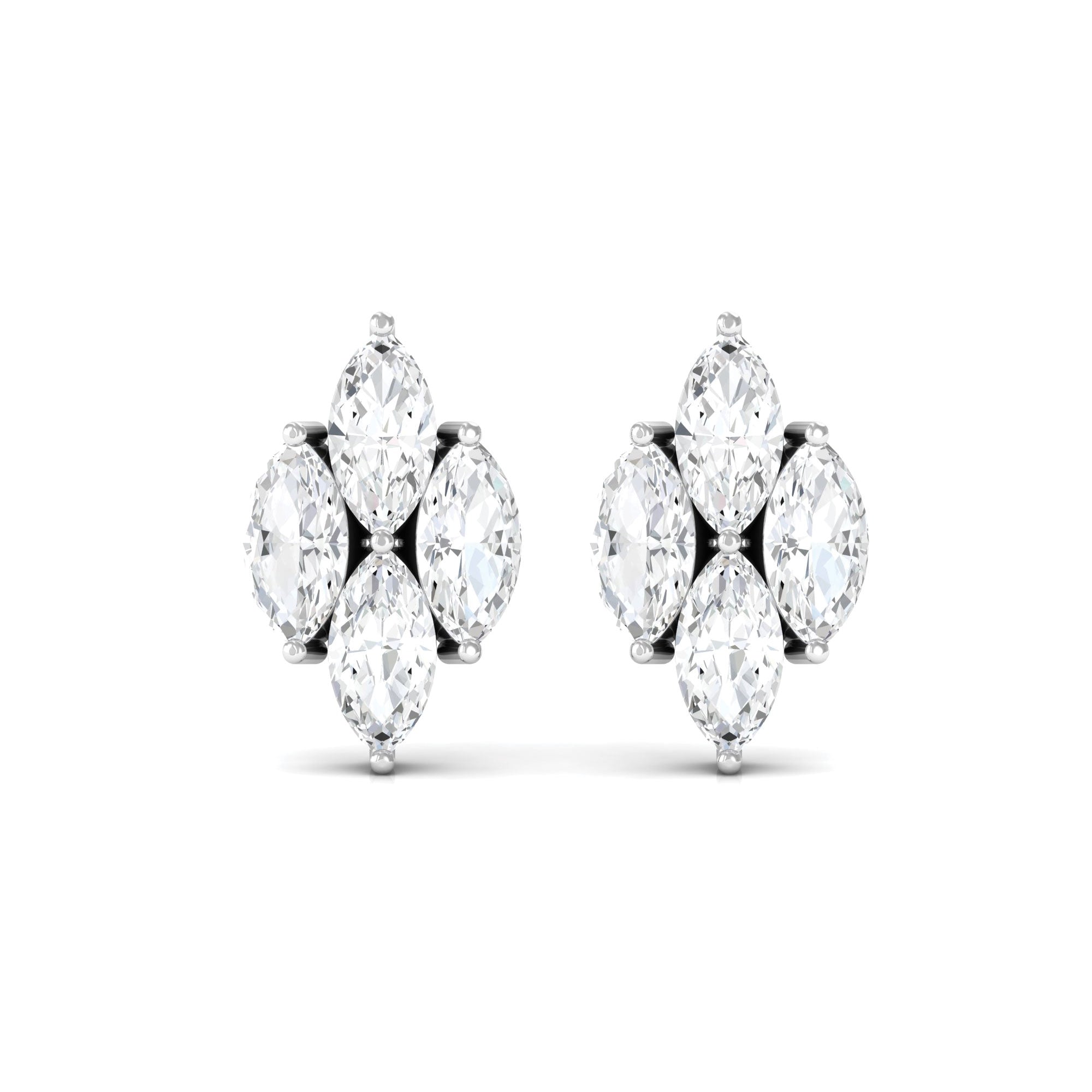 Cluster Stud Earrings with Marquise Cut Simulated Diamond Zircon - ( AAAA ) - Quality - Rosec Jewels