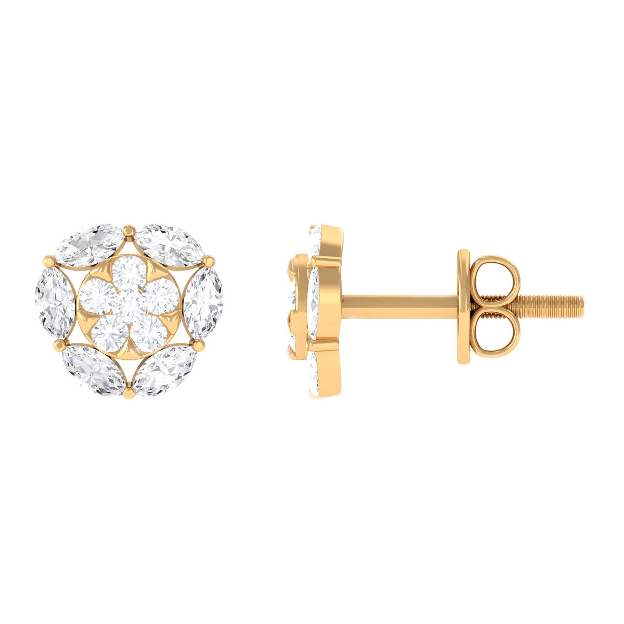 Cubic Zirconia Cluster Flower Stud Earrings in Gold Zircon - ( AAAA ) - Quality - Rosec Jewels