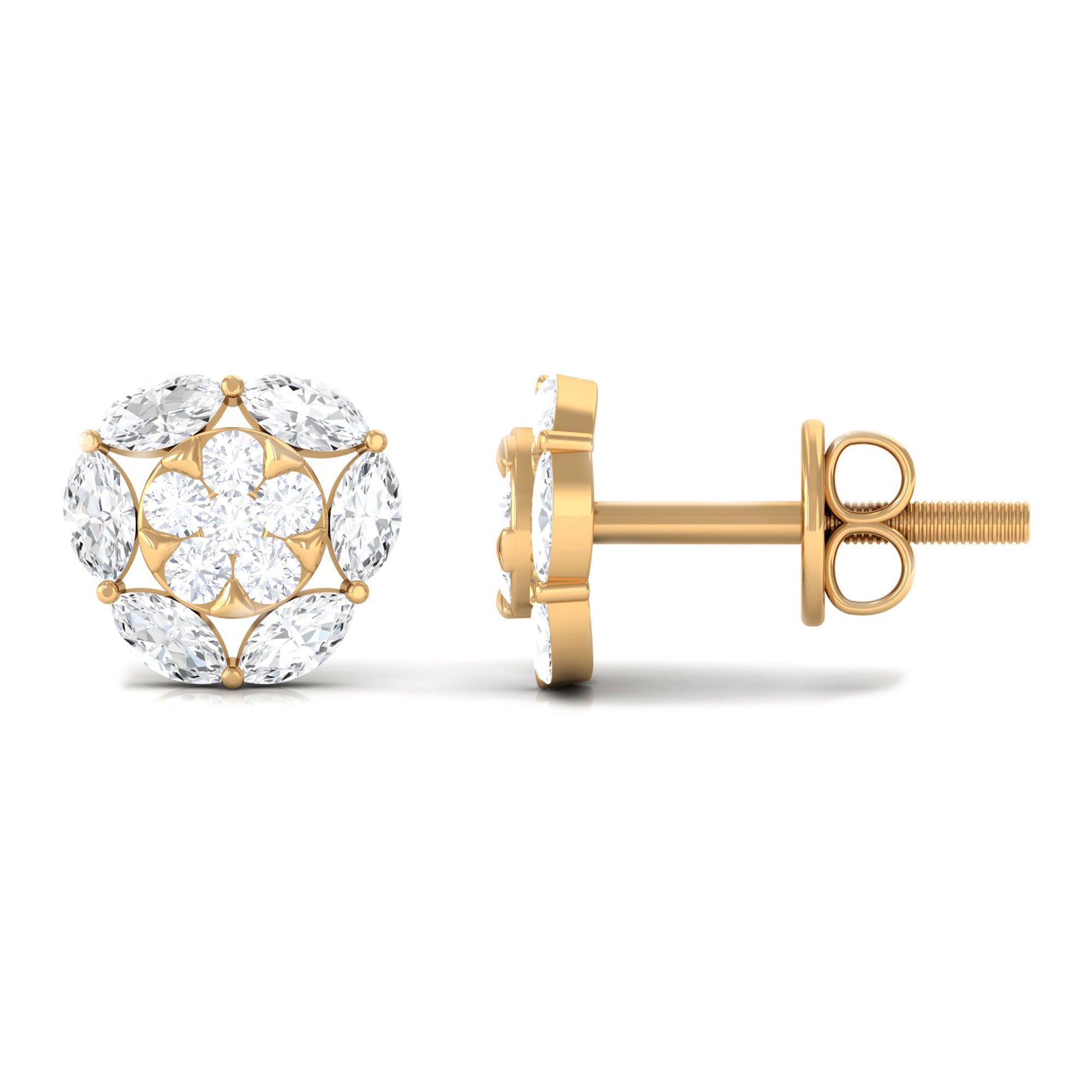 Cubic Zirconia Cluster Flower Stud Earrings in Gold Zircon - ( AAAA ) - Quality - Rosec Jewels