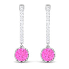 Created Pink Sapphire Hoop Earrings With Diamond Lab Created Pink Sapphire - ( AAAA ) - Quality - Rosec Jewels