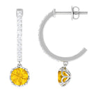 Round Lab Grown Yellow Sapphire Hoop Drop Earrings with Diamond Lab Created Yellow Sapphire - ( AAAA ) - Quality - Rosec Jewels