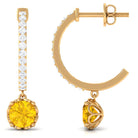 Round Lab Grown Yellow Sapphire Hoop Drop Earrings with Diamond Lab Created Yellow Sapphire - ( AAAA ) - Quality - Rosec Jewels