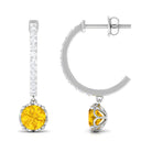 Round Yellow Sapphire Hoop Drop Earrings with Diamond Yellow Sapphire - ( AAA ) - Quality - Rosec Jewels