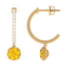 Round Yellow Sapphire Hoop Drop Earrings with Diamond Yellow Sapphire - ( AAA ) - Quality - Rosec Jewels