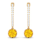 Round Yellow Sapphire Hoop Drop Earrings with Diamond Yellow Sapphire - ( AAA ) - Quality - Rosec Jewels