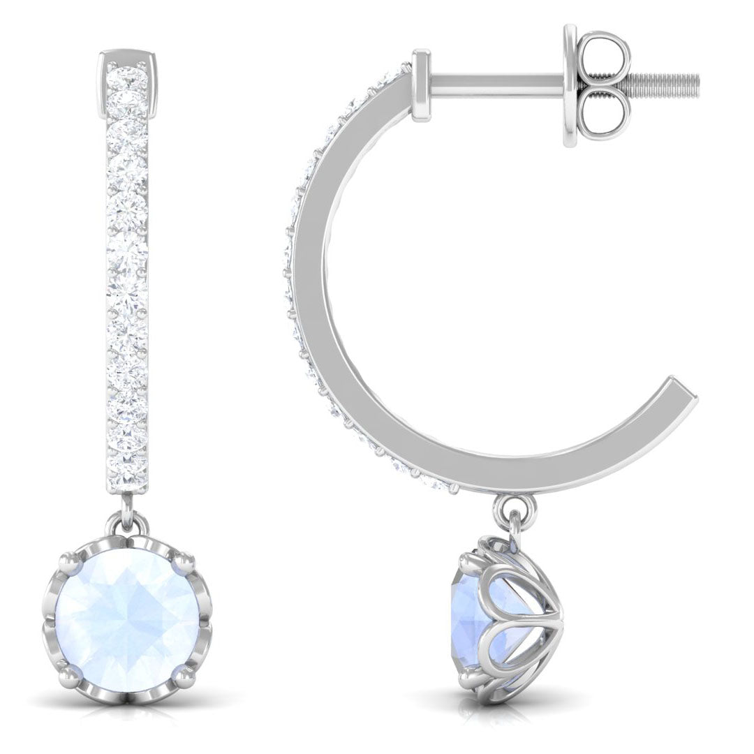 Minimal Round Moonstone Hoop Drop Earrings with Diamond Moonstone - ( AAA ) - Quality - Rosec Jewels