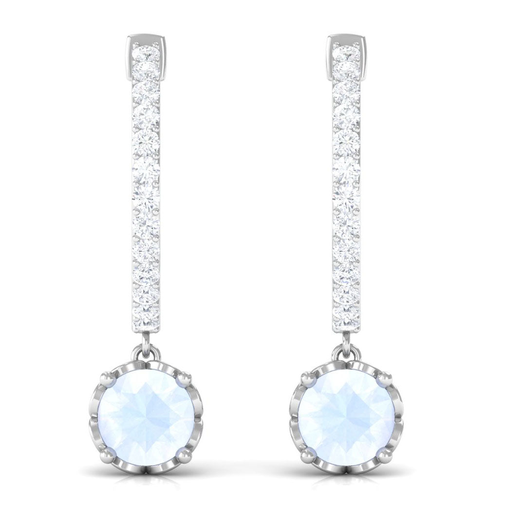 Minimal Round Moonstone Hoop Drop Earrings with Diamond Moonstone - ( AAA ) - Quality - Rosec Jewels