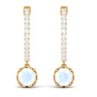 Minimal Round Moonstone Hoop Drop Earrings with Diamond Moonstone - ( AAA ) - Quality - Rosec Jewels