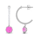 Round Pink Sapphire Hoop Drop Earrings with Diamond Pink Sapphire - ( AAA ) - Quality - Rosec Jewels