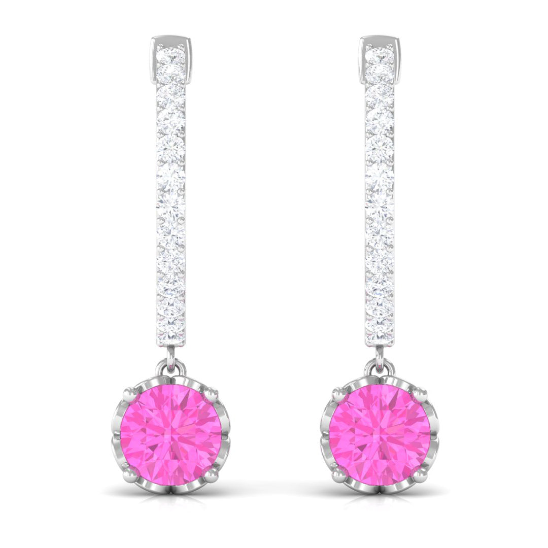 Round Pink Sapphire Hoop Drop Earrings with Diamond Pink Sapphire - ( AAA ) - Quality - Rosec Jewels