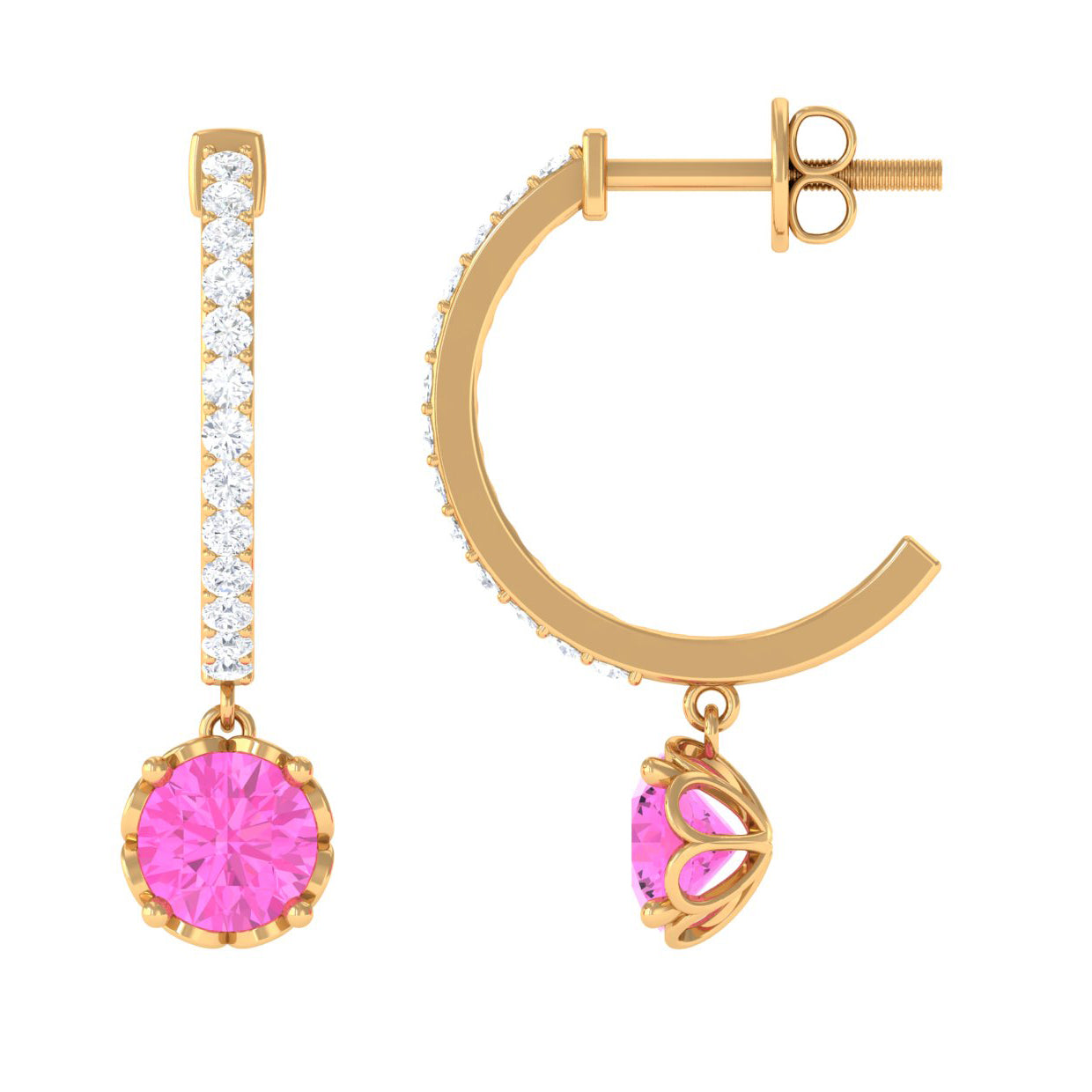 Round Pink Sapphire Hoop Drop Earrings with Diamond Pink Sapphire - ( AAA ) - Quality - Rosec Jewels