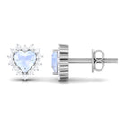 Minimal Heart Shape Moonstone Halo Stud Earrings with Diamond Moonstone - ( AAA ) - Quality - Rosec Jewels