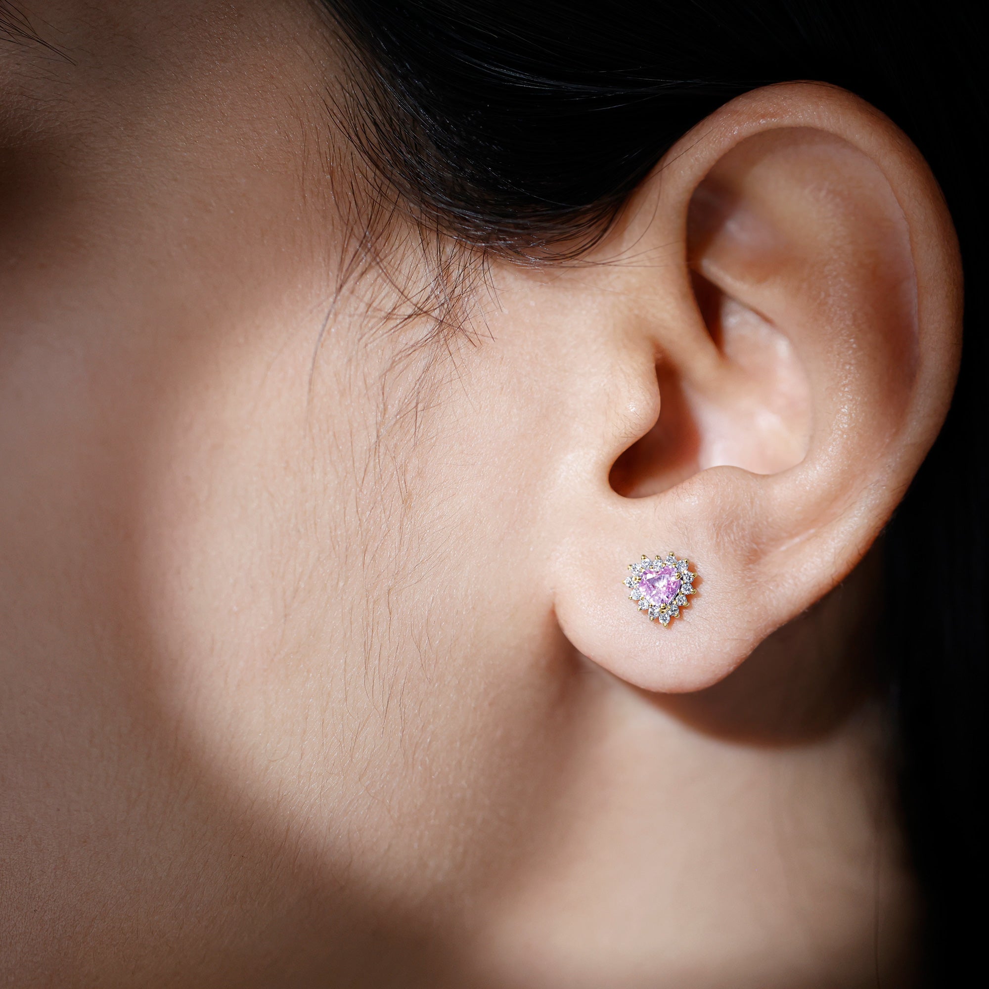 Minimal Heart Shape Pink Sapphire Halo Stud Earrings with Diamond Pink Sapphire - ( AAA ) - Quality - Rosec Jewels