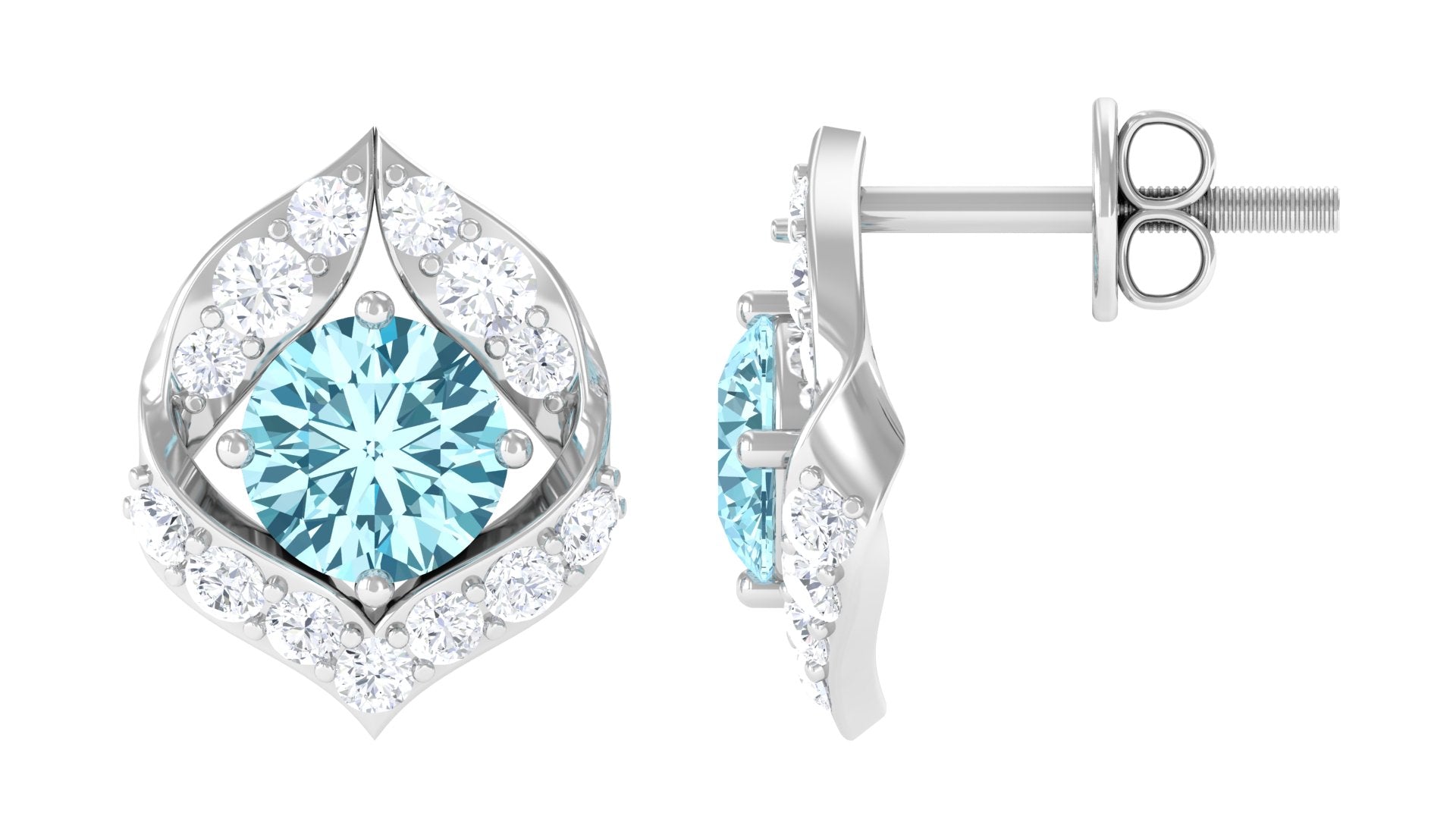 Dainty Aquamarine Stud Earrings with HI SI Diamonds Aquamarine - ( AAA ) - Quality - Rosec Jewels