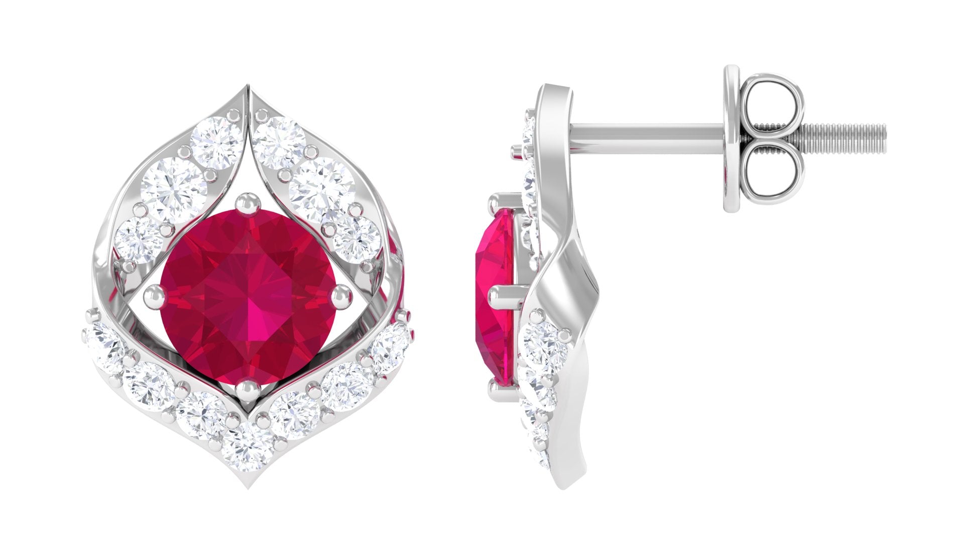 Dainty Ruby July Birthstone Stud Earrings with Diamond Ruby - ( AAA ) - Quality - Rosec Jewels