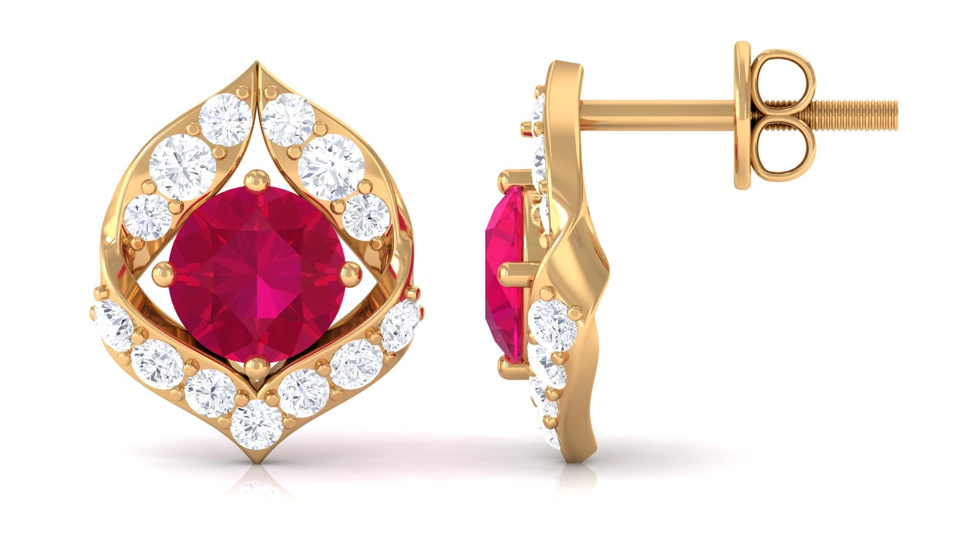 Dainty Ruby July Birthstone Stud Earrings with Diamond Ruby - ( AAA ) - Quality - Rosec Jewels