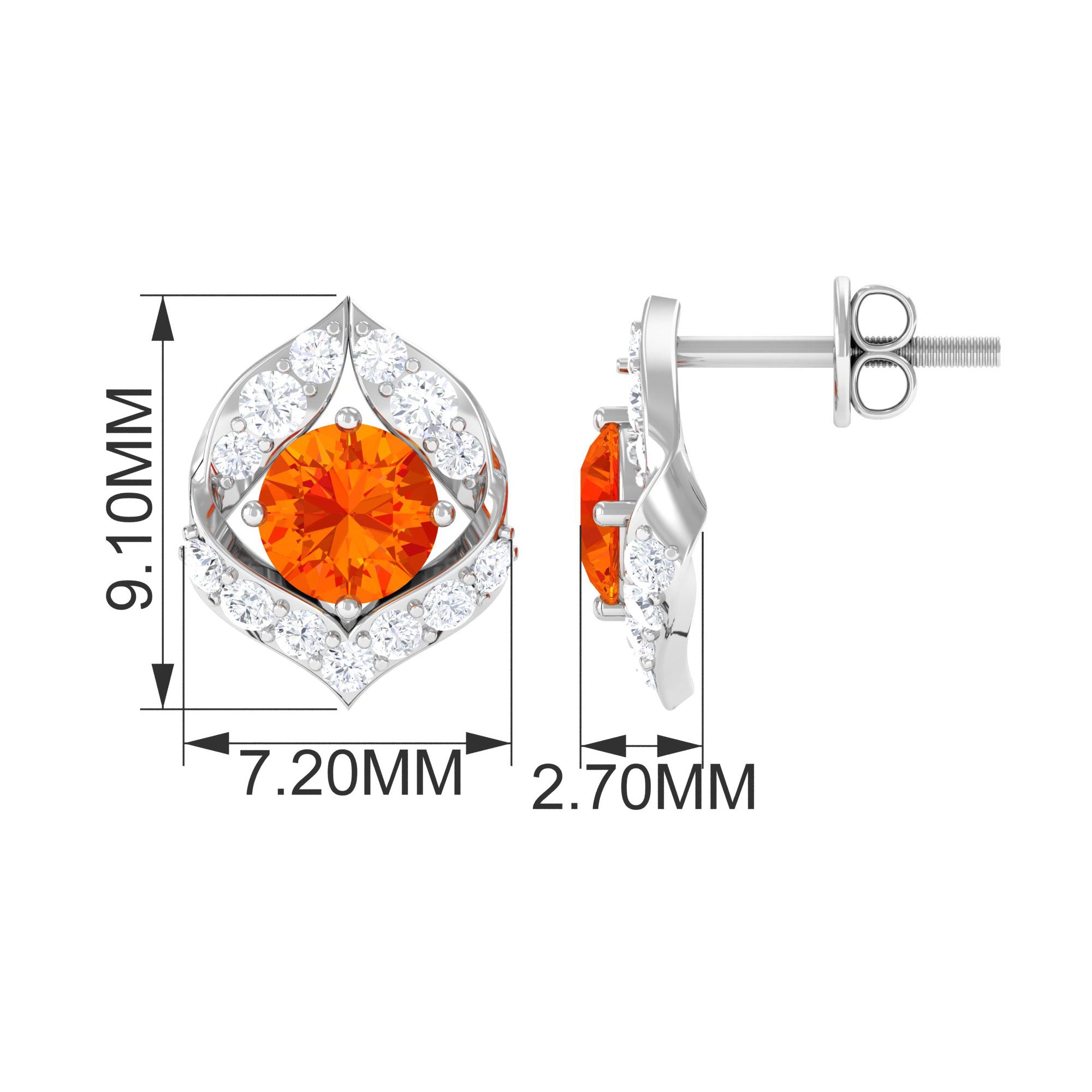 Orange Sapphire Unique Stud Earrings with Diamond Orange Sapphire - ( AAA ) - Quality - Rosec Jewels