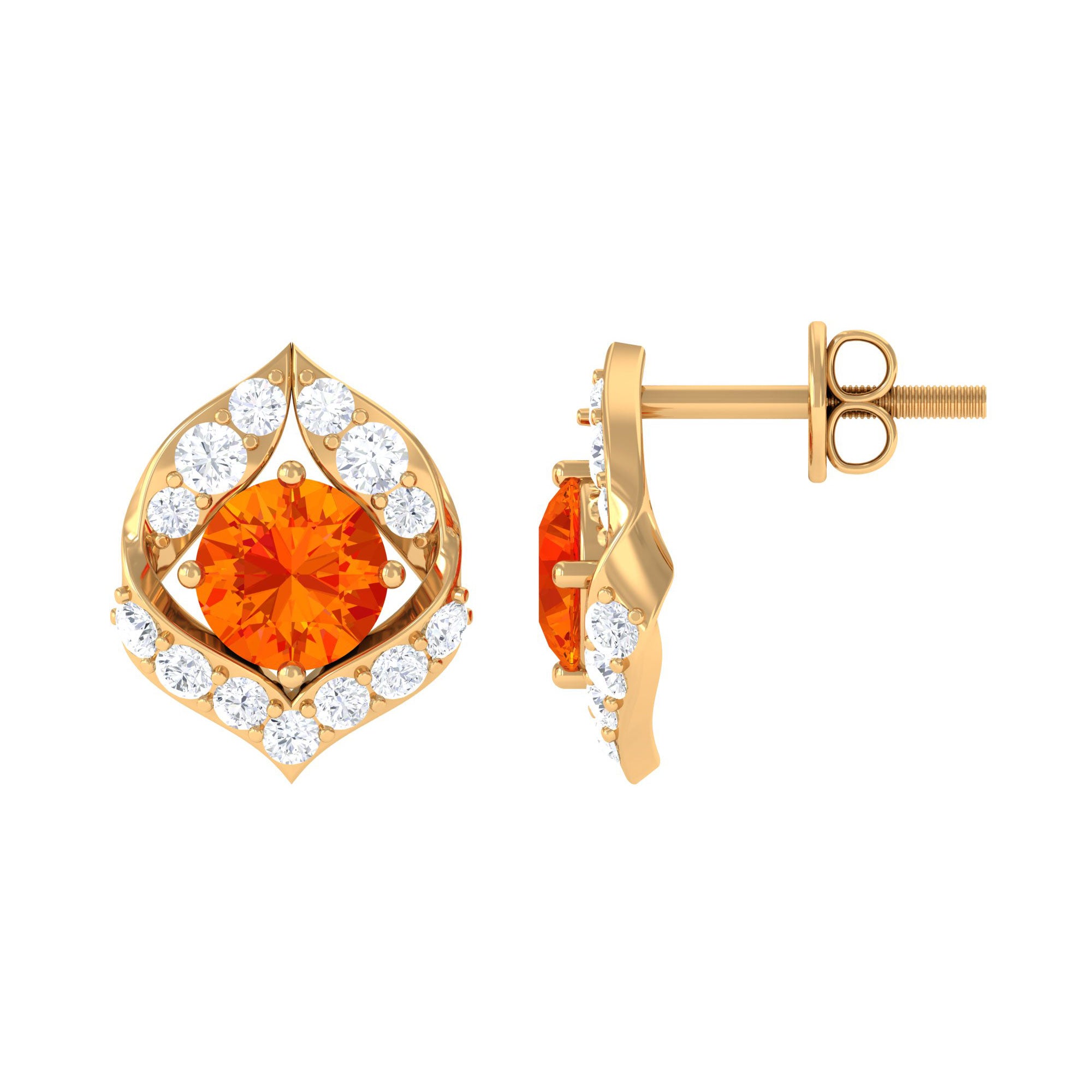 Orange Sapphire Unique Stud Earrings with Diamond Orange Sapphire - ( AAA ) - Quality - Rosec Jewels